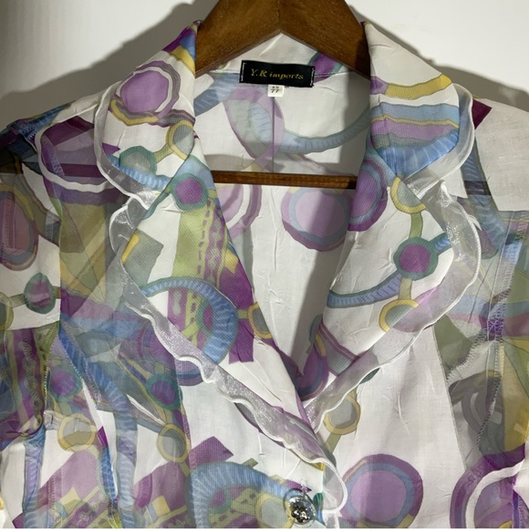 Y.R. Imports Floral Purple, Plum White, Blue Long Sleeve Semi-Sheer Blouse Sz - Picture 4 of 16